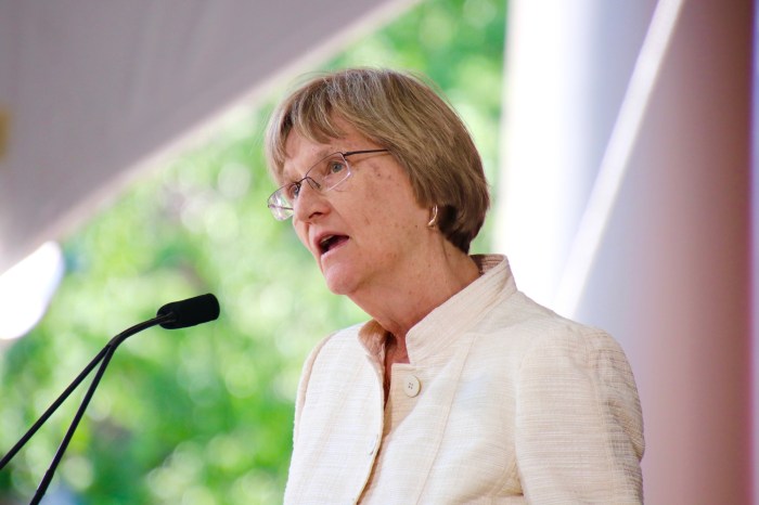 Faust farewell harvard festive drew bacow larry successor